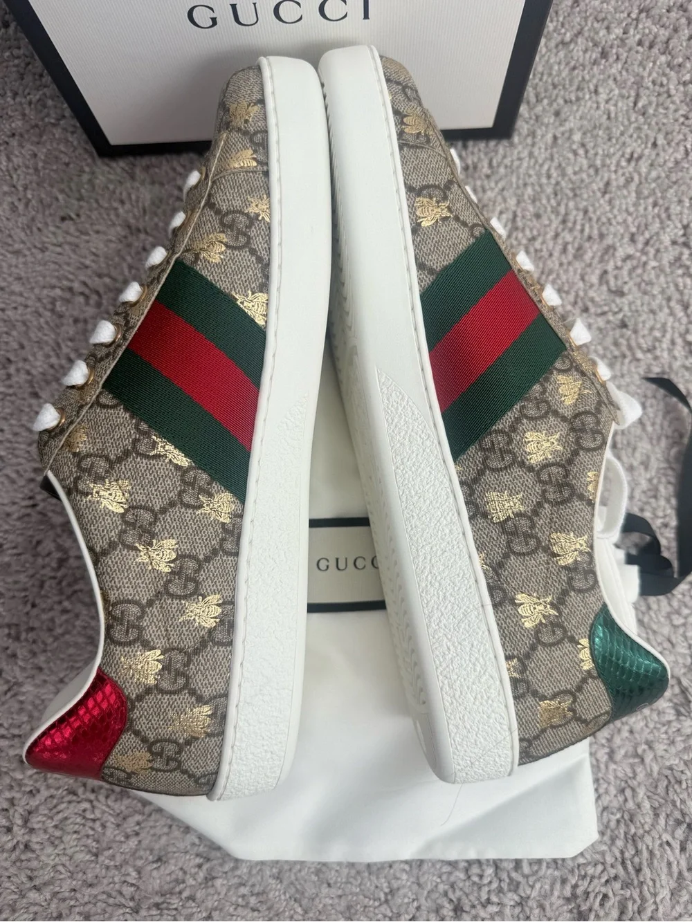 Gucci Men’s GG Supreme Sneaker with Red and Green Web and Gold Bee Motif